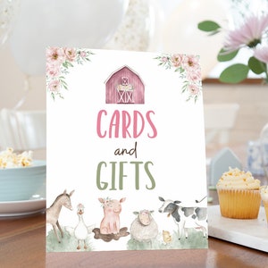 Enseigne pour cartes et cadeaux, décorations d'anniversaire à la ferme pour filles, animaux floraux de la ferme, décoration d'anniversaire rose dans la basse-cour, décoration de baby shower à la ferme - 11B