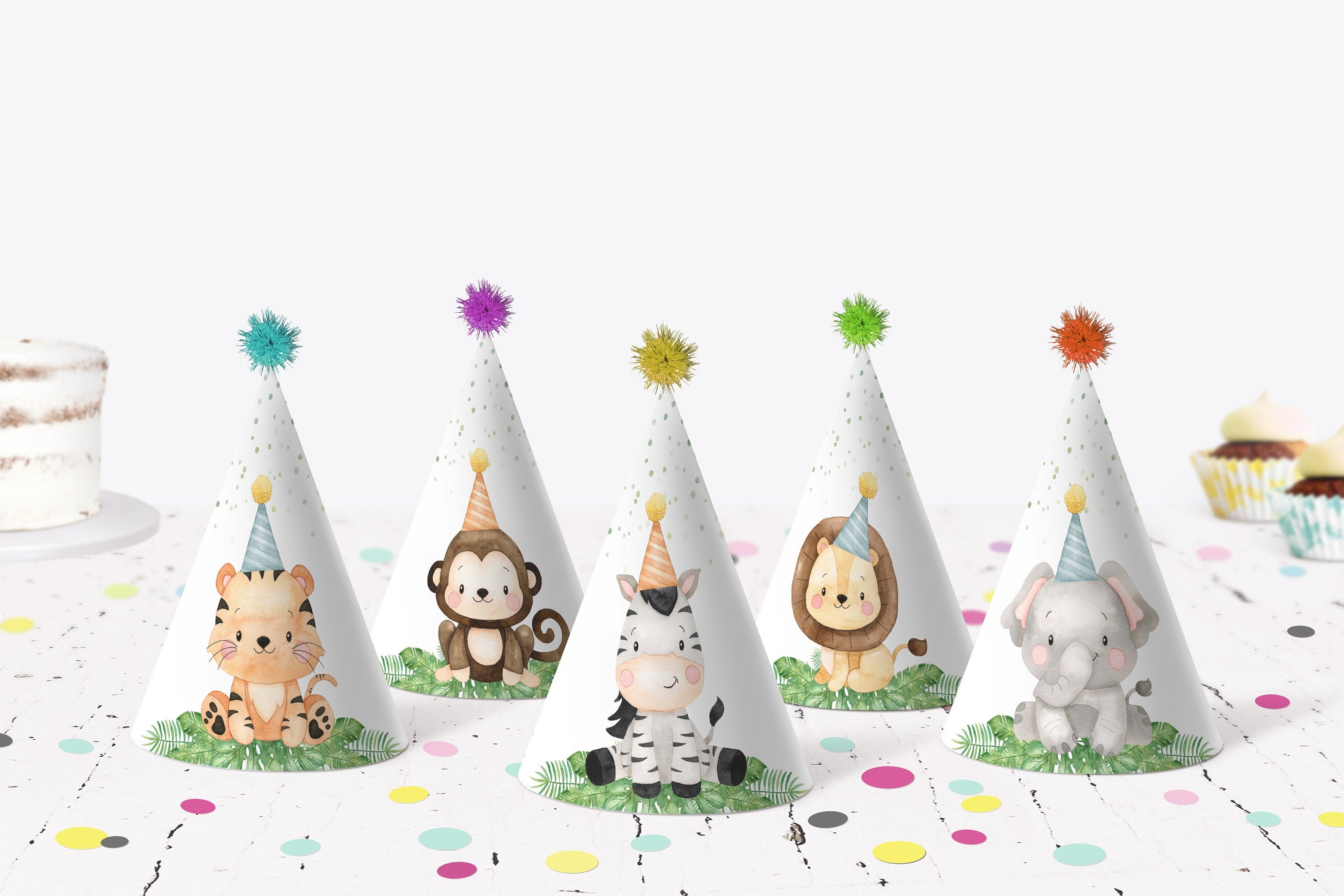 safari animals with party hats