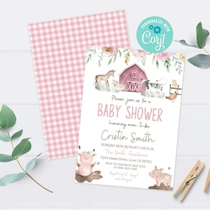 Zaproszenie na baby shower dla dziewczynki w stylu farmy, Zaproszenia na baby shower dla dziewczynki w stylu stodoły, Edytowalne zaproszenia z motywem zwierząt gospodarskich, Zaproszenia na baby shower dla dziewczynki - 11B