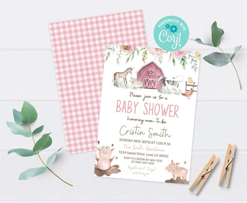 Girl Farm baby shower invitation, Girl Barnyard baby shower Invitations, Editable Floral farm animals invite, Girl baby shower invites 11B image 1