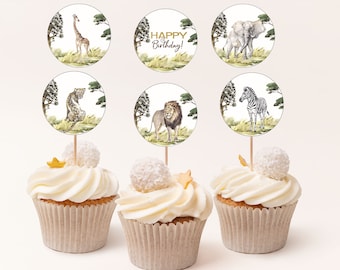 Safari Cupcake Toppers, Jungle Toppers, Dschungel Geburtstagsdekoration, Safari Geburtstagsdeko, Dschungel Party Aufkleber, Party ausdrucke 35I