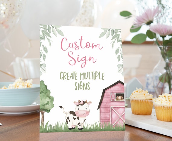 Editable Cow Table sign, Girl Farm Custom Sign, Pink Barnyard Table Sign, Cow birthday decorations, Farm party printables - 11A Il_570xn