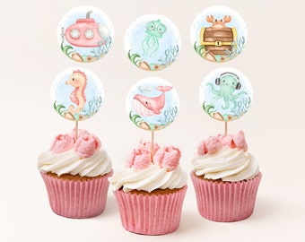 Toppers de cupcake Menina Sob o Mar, decorações de festa de aniversário do oceano, decorações de chá de bebê do mar, decoração de aniversário subaquática - 44A