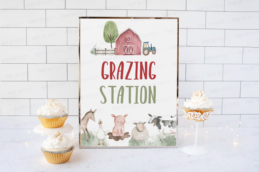 Grazing Station Sign, Farm Birthday Printables, Food Table Signs, Farm