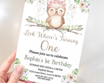 EDITABLE Owl 1st Birthday Invitation, Girl first birthday party invite, Owl party printables - 78A1