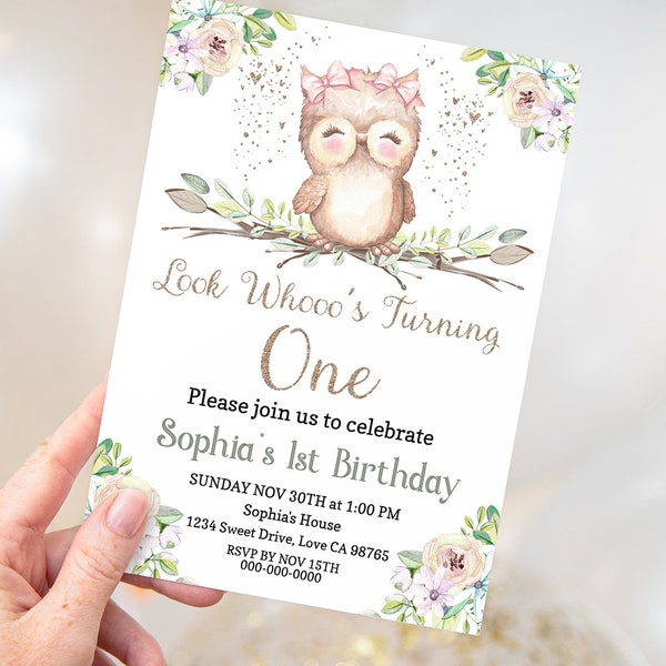 EDITABLE Owl 1st Birthday Invitation, Girl first birthday party invite, Owl party printables - 78A1