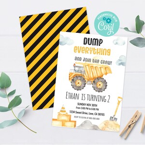EDITABLE Dump Truck Party Invite, Construction Birthday Invitation ...