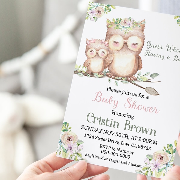 Editable Owl Girl Baby Shower Invitation, Digital baby shower invites, Custom Owl Printable invitations - 78A2
