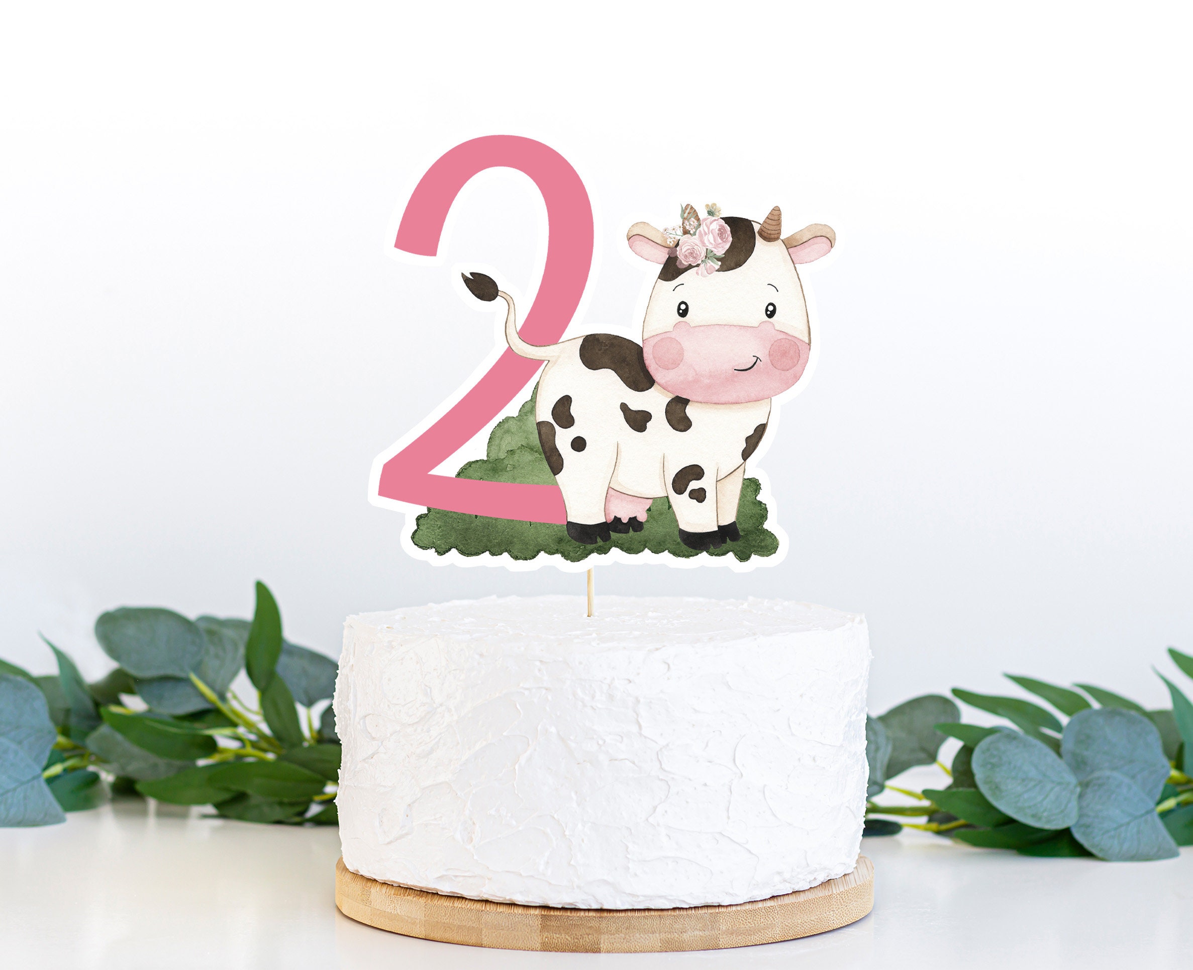  Moo Moo I'm Two Birthday Decoration Cow Theme 2nd Birthday  Banner Cow Two Cake Topper Kids Boy Girl's Happy Second Birthday Party  Supplies Glitter Pink Decor : Toys & Games