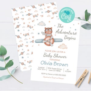 Aviator baby shower invitation, The adventure begins, Bear Themed Baby Shower, Editable baby boy shower invite Airplane bear baby shower 76C