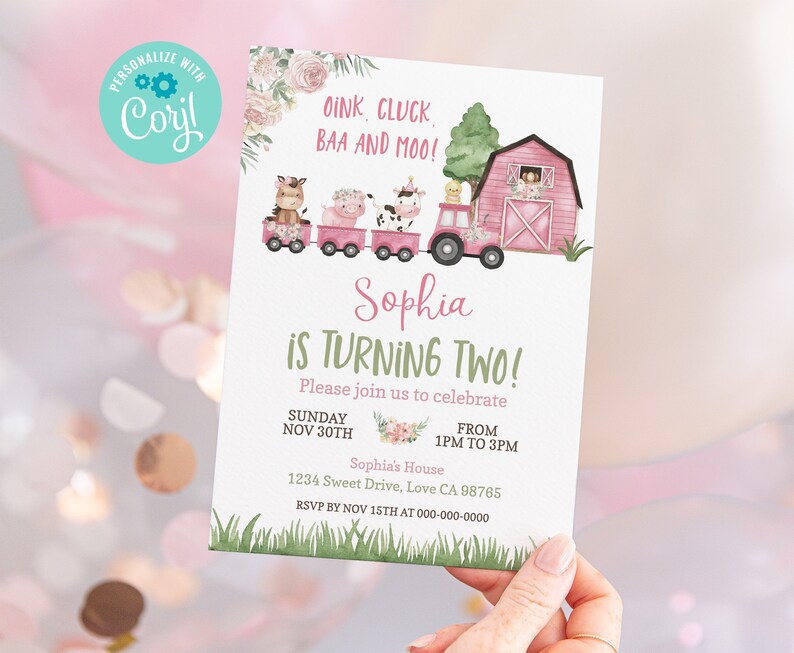 May include: A pink and green farm-themed birthday invitation for a girl turning two. The invitation features a pink tractor pulling a train with farm animals, a pink barn, and the text "Sophia is turning two!"  Please join us to celebrate Sunday Nov 30th from 1pm to 3pm. Sophia's House 1234 Sweet Drive, Love CA 98765 RSVP by Nov 15th at 000-000-0000