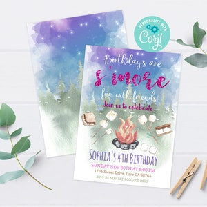 EDITABLE Smores birthday Invite, Backyard bonfire invitation, Girl Camping birthday invitation, Bonfire party, Instant download - 04A