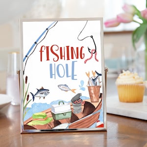 Fishing Hole Table Sign, Fishing birthday decorations, Gone Fishing party Birthday Sign, O Fishally Theme Party, Food Table Decor - 97A