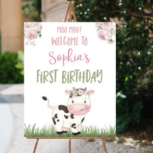 Cow Girl Welcome Sign, Instant download, Floral farm party printables, Cow birthday party decor, Pink Barnyard birthday decorations - 11A