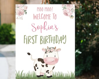 Cow Girl Welcome Sign, Instant download, Floral farm party printables, Cow birthday party decor, Pink Barnyard birthday decorations - 11A