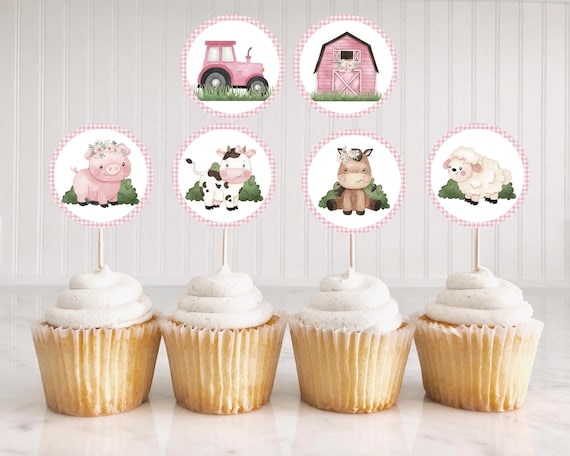 Pink Farm Cupcake Toppers Girl Farm Birthday Party Etsy
