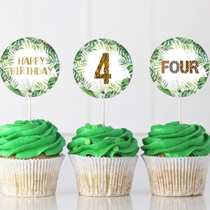 Animal print cupcake toppers, Safari 4th birthday decorations, Jungle Birthday decor, Jungle party stickers, boy party printables - 35H