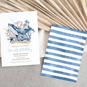 Whale birthday invitation, Under the sea birthday invitation, Editable Ocean party invite, Underwater birthday, Blue whale invite, sea - 44C
