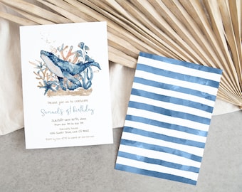 Whale birthday invitation, Under the sea birthday invitation, Editable Ocean party invite, Underwater birthday, Blue whale invite, sea - 44C