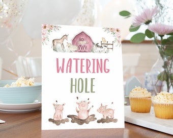 Watering Hole sign, Girl Farm party decor, Drinks table sign, Floral farm animals, Farm girl shower decoration, Girl barnyard birthday - 11B