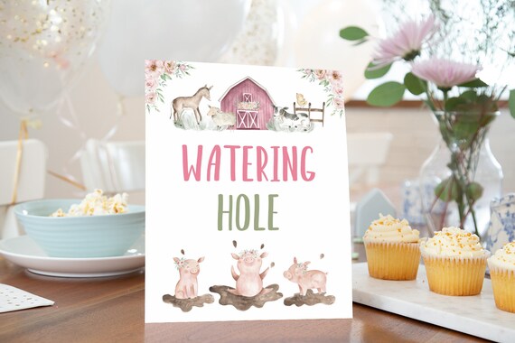 Watering Hole Sign Girl Farm Party Decor Drinks Table Sign Floral 