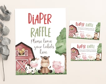 Farm Diaper Raffle Sign and Card, Farm baby shower decorations, Farm Baby shower games, Barnyard Raffle sign and tickets - 11i
