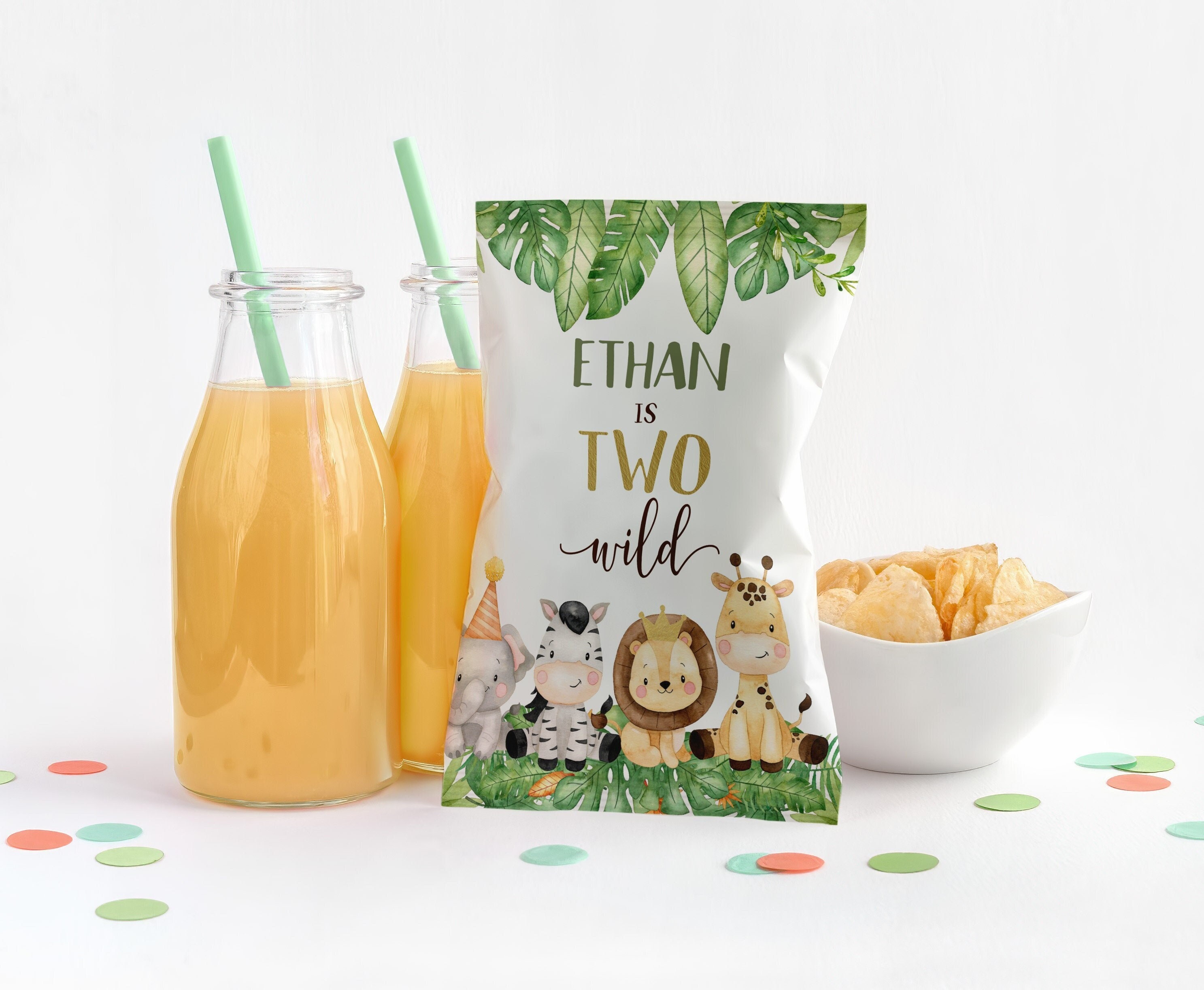 Two wild birthday party chip bags/wrappers-jungle party favors