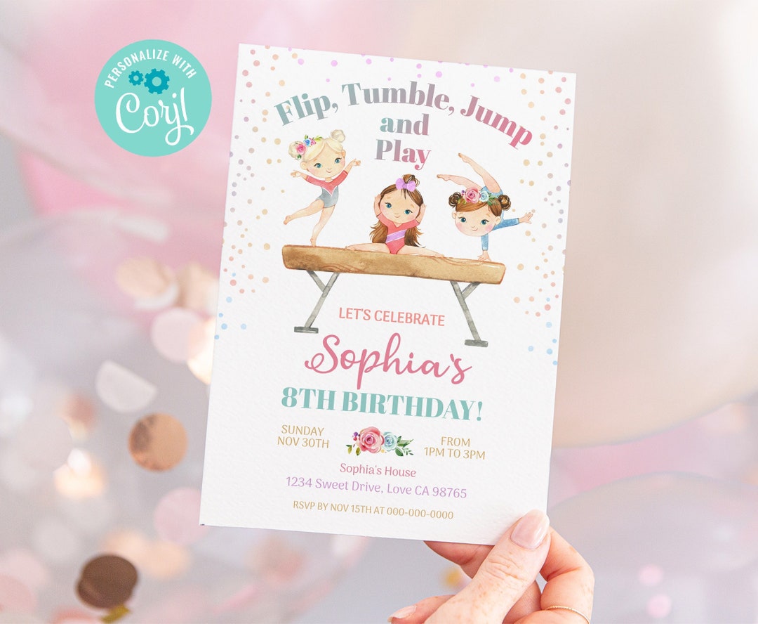 Gymnastics Birthday Invitation, Instant Download, EDITABLE Rainbow Girl ...