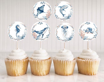 Under the Sea cupcake toppers, Ocean birthday party decorations, Sea baby shower decorations, Underwater birthday decor, Ocean Toppers - 44C