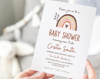 Rainbow baby shower invitation boho, Editable Gender Neutral baby shower invite, instant download, Baby shower rainbow neutral colors - 33B