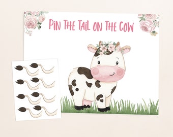 Pin the tail on the cow, Instant download, Girl farm birthday decorations, Farm party games, Pink Barnyard party printables - 11A