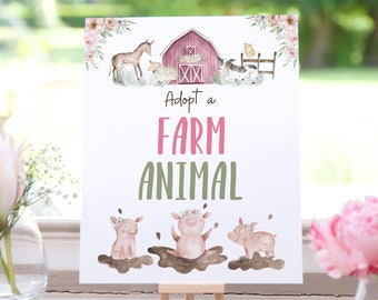 Adopt a farm animal sign, Girl barnyard birthday decorations, Girl Farm Party decor, Pink barnyard bash - 11B