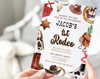 Rodeo birthday invitation, Wild west birthday, EDITABLE Cow boy 1st birthday Invitation, First rodeo birthday invite, saddle up birthday 34A