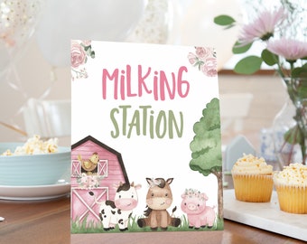 Milking Station sign, Girl Farm birthday decorations, Milk table sign, Floral Farm baby shower decoration, Pink barnyard bash - 11A