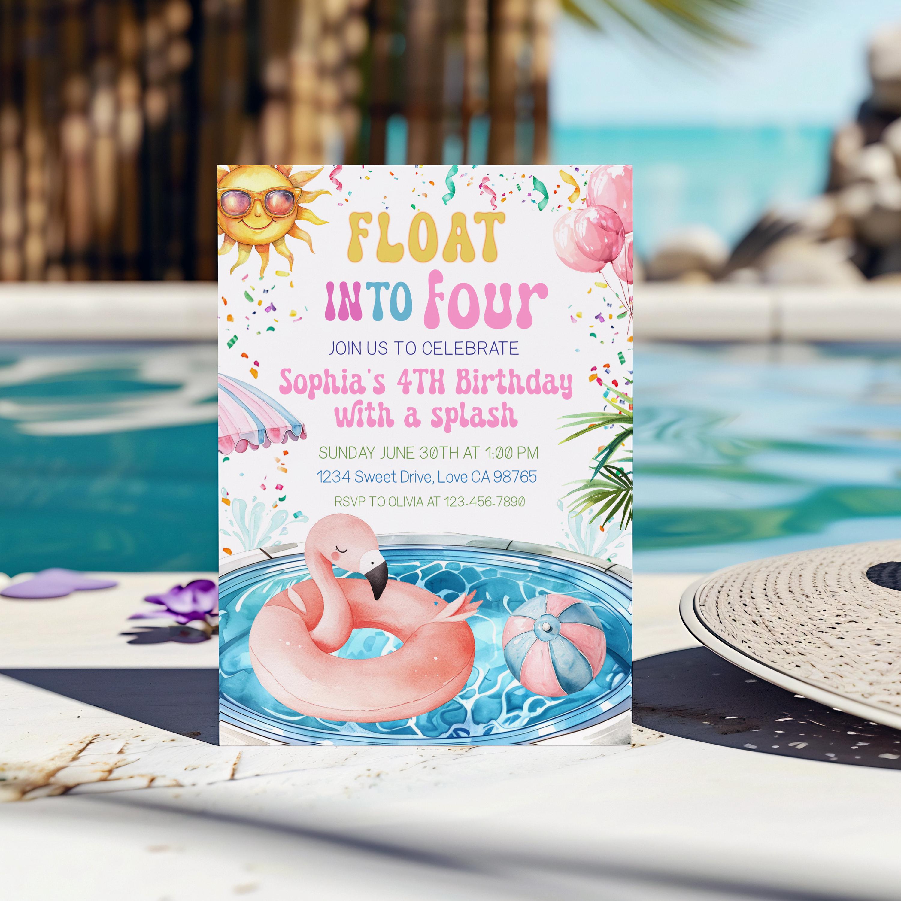 Floating Invite Float Into Four Invitation, Summer Pool Birthday Invitation, Pink Pool ...