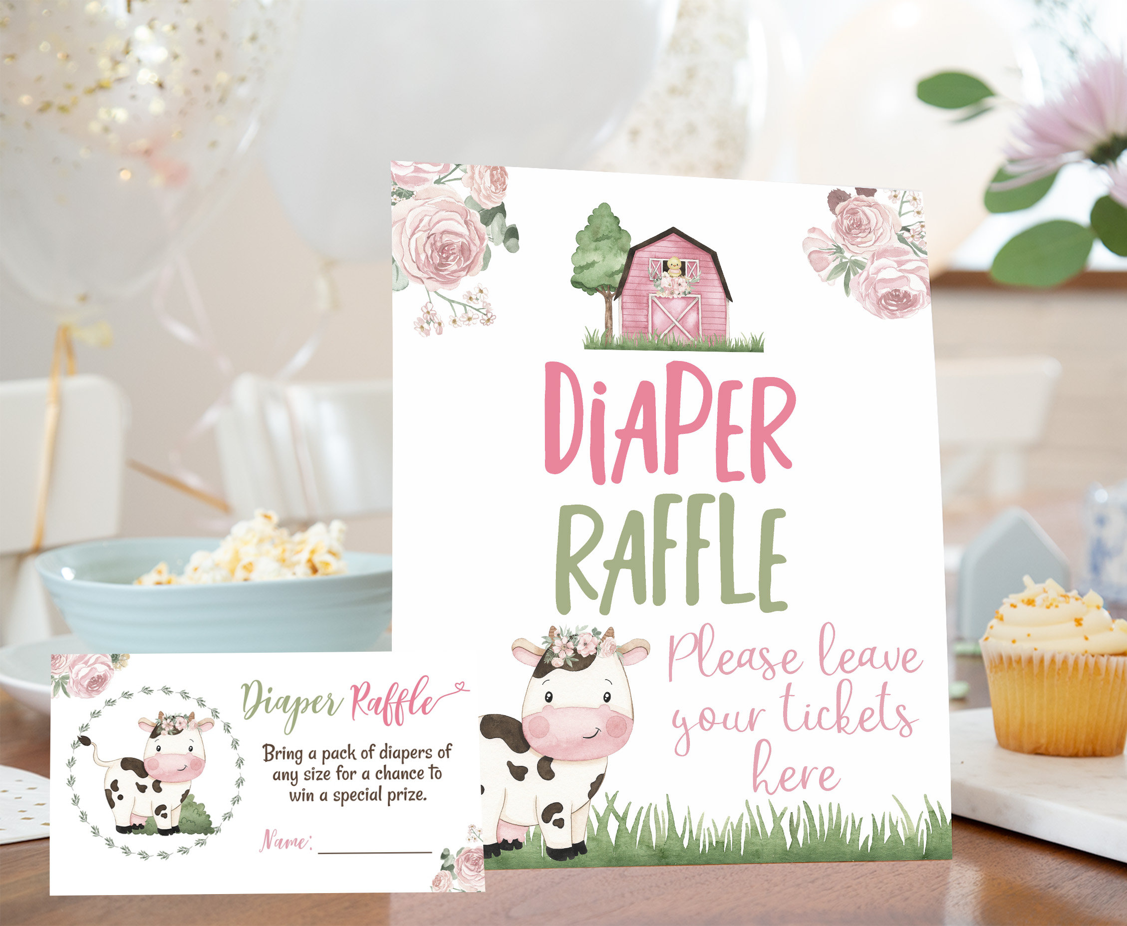 Dancing Cow Raffle Cow Diaper Raffle Sign + Card, Floral Farm Baby Shower Decorations, Cow ...