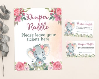 Printable Elephant Diaper Raffle Sign + Card, Elephant girl baby shower decorations, Girl Baby shower games, Raffle sign and tickets - 63A2