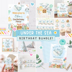 Under the Sea Birthday Bundle - Whale and Ocean Animals invitation and party decorations package, Sea theme party printables bundle - 44A