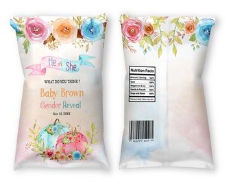 EDITABLE Pumpkin chip bag wrapper, Gender reveal Baby shower decorations, Blue or Pink, He or She baby shower decorations, Pumpkin label 35A