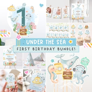 Under the Sea 1st Birthday Bundle - Whale and Ocean Animals invitation and party decorations package, Oneder the Sea party printables - 44A