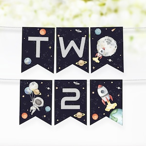 Space TWO banner, Astronaut 2nd Birthday high chair banner, Outer Space party decor, Astronaut second birthday decorations - 39C