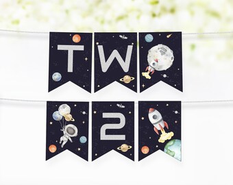 Space TWO banner, Astronaut 2nd Birthday high chair banner, Outer Space party decor, Astronaut second birthday decorations - 39C