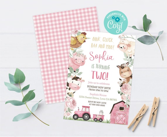 Girl Farm birthday invitation, Instant download, EDITABLE Floral Farm Animals Invite, Pink Barnyard party printables - 11A Il_570xn