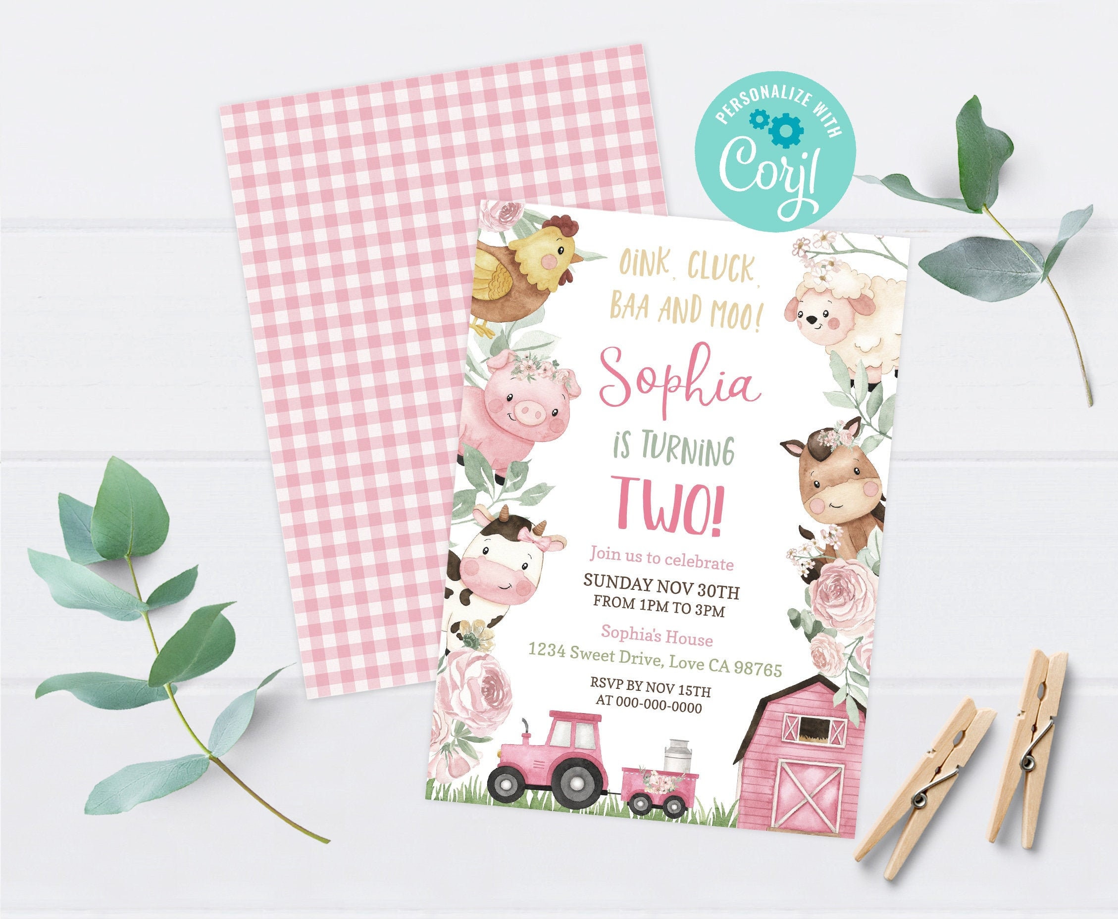 Girl Farm birthday invitation, Instant download, EDITABLE Floral Farm Animals Invite, Pink Barnyard party printables - 11A