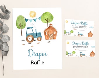 Farm Diaper Raffle Sign + Card, Farm baby shower decorations, Tractor Baby shower games, Boy Barnyard Raffle sign and tickets - 11f