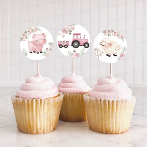 Girl Farm cupcake toppers, Pink Farm birthday party decorations, Floral Farm animals baby shower, Girl Barnyard bash party printables 11A image 5
