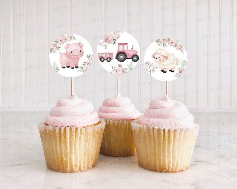 Girl Farm cupcake toppers, Pink Farm birthday party decorations, Floral Farm animals baby shower, Girl Barnyard bash party printables 11A image 5