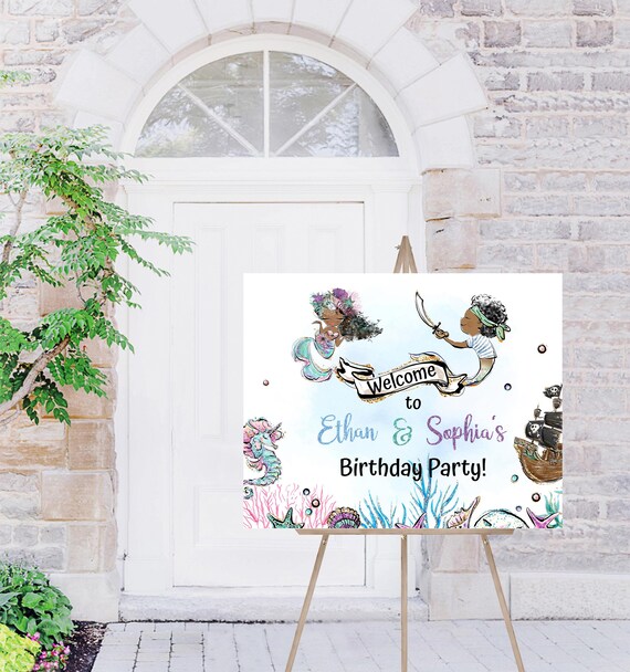 EDITABLE Pirate and Mermaid birthday Welcome Sign, Brother and Sister birthday party decoration, Siblings party printables - 20A1 Il_570xn