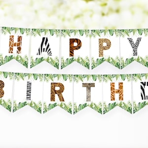 Animal Print birthday banner, Safari Happy Birthday Banner, Safari birthday decor, Safari theme party printable, Jungle Birthday garland 35H