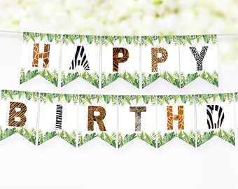 Animal Print birthday banner, Safari Happy Birthday Banner, Safari birthday decor, Safari theme party printable, Jungle Birthday garland 35H